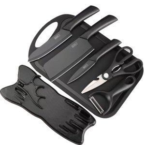 Set Bucătărie 7 Piese cu Tocător, Cuțite și Foarfecă, Suport Inclus, Oțel Inoxidabil, Mânere Ergonomice, Model Profesional - Img 2