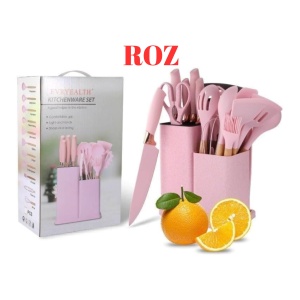 Set ustensile de bucătărie din silicon cu cuțite și suport, roz, 1350 g