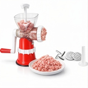 Tocător Carne Manual 24x15 cm din Plastic, cu Bază Antialunecare și Accesorii pentru Tocare și Umplere Cârnați Diferite Culori