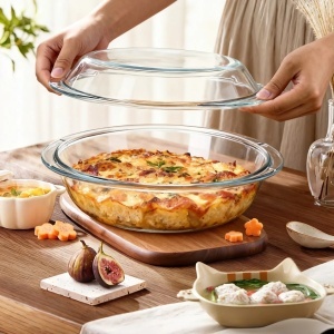 Vas Rotund 20.5x9cm cu Capac, din Sticlă Termorezistentă 1.5L, pentru Cuptor și Gătit, Model Transparent - Img 2