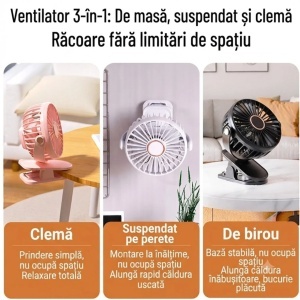 Ventilator Portabil cu Clemă, 20×15cm, USB, Rotire 360°, 3 Trepte de Viteză, Montare pe Birou sau Perete, Silențios, Diferite Culori - Img 2