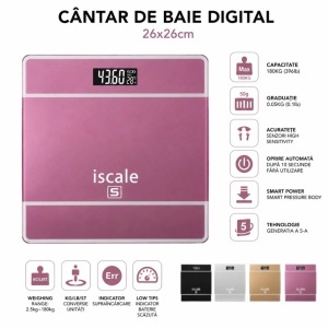 Cântar Electronic de Baie 26x26cm, Afișaj LCD, Capacitate 180kg, 2 Baterii Incluse, Diferite Culori - Img 2