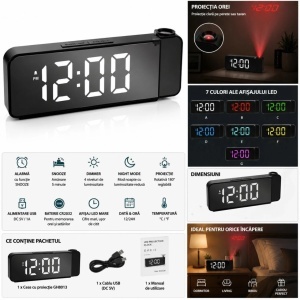 Ceas Digital cu Proiector, 20×8cm Afișaj LED Multicolor, Alarmă cu Funcție Amânare, Alimentare USB sau Baterie Inclusă - Img 2