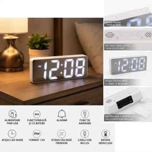 Ceas Digital LED 15×6.5cm, Afișaj Oglinda cu Cifre Mari, Alarmă cu Funcție Amanare, Alimentare prin USB sau Baterii - Img 2
