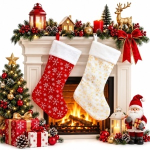Cizmuliță Decorativă 12/set de Crăciun 45x23x18cm, din Catifea, Model cu Fulgi si Agatatoare