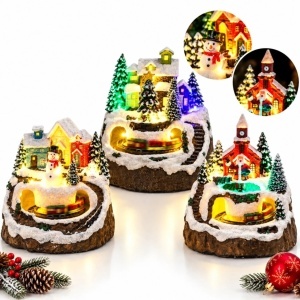 Decoratiune de Craciun 15x12cm, cu Lumină LED, Muzică și Trenuleț Rotativ