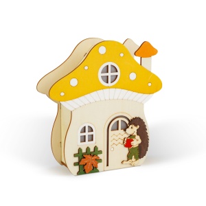 Decorațiune luminoasă - casă ciupercă cu arici - 15 x 16 x 5 cm - din lemn - Img 2