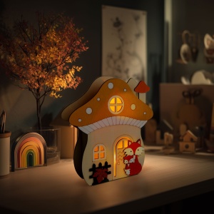 Decorațiune luminoasă - casă ciupercă cu vulpe - 15 x 16 x 5 cm - din lemn