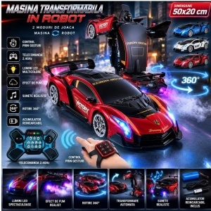 Masina Transformabila in Robot 50x20cm, cu Telecomanda 2.4GHz si Control prin Gesturi, Lumini LED Multicolore, Efect de Fum, Rotire 360°, Sunete, Acumulator Reincarcabil, Diferite Culori - Img 2