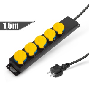Prelungitor de exterior cu capac - 1,5 m - 5 x 230V - 3 x 1,5 mm², cauciuc - IP44