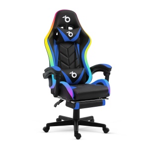 RGB LED- scaun gamer - cu cazan, perna - negru / albastru