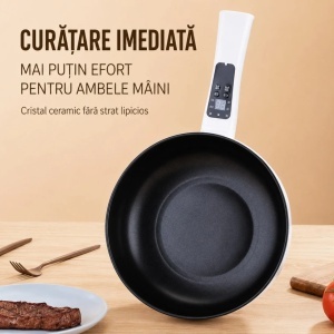 Tigaie Electrică Multifuncțională 26 cm, cu Tavă pentru Gătire la Abur, Strat Ceramic Antiaderent, Capac din Sticlă, Afișaj Digital și Control al Temperaturii - Img 3