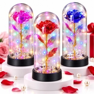 Trandafir Cristalizat 20x9.5cm, cu Lumina LED Multicolor sub Cupola Transparenta, cu 2 Inele Decorative, Diferite Culori