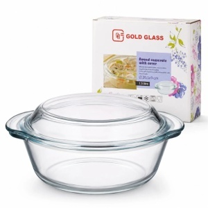 Vas Rotund 20.5x9cm cu Capac, din Sticlă Termorezistentă 1.5L, pentru Cuptor și Gătit, Model Transparent