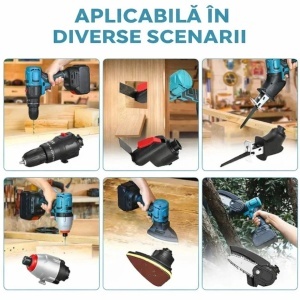 Bormașină Fără Fir 6 în 1, 48V cu Drujbă Fierăstrău Sabie Șurubelniță Cap de Șlefuire Lopată și Cap Multifuncțional cu Adaptor USB, 2 Acumulatori și Încărcător Trusă Multifuncțională Profesională - Img 3