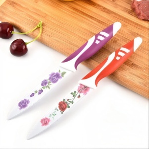 Cuțite Bucătărie 3/set, Lamă Inox Decor Floral si Mâner Antiderapant 23cm Diferite Culori