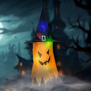 Decor LED Halloween - fantomă - galben - 10 LED-uri colorate - poate fi agățat - 2 x 2032 - 75 x 35