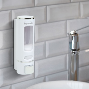 Dozator de săpun manual, pentru perete, cu capacitate de 400 ml, culoare albă