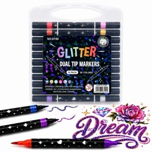 Markere Glitter 18/set, Două Vârfuri în Culori Diferite, 36 Culori Sclipitoare, Fin, în Cutie de Depozitare