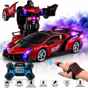 Masina Transformabila in Robot 50x20cm, cu Telecomanda 2.4GHz si Control prin Gesturi, Lumini LED Multicolore, Efect de Fum, Rotire 360°, Sunete, Acumulator Reincarcabil, Diferite Culori
