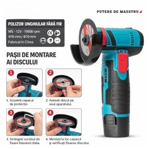 Mini Polizor Unghiular 20cm, 12V, 750W, 19500 rpm, 2 Discuri 76 mm cu 2 Acumulatori - Img 2