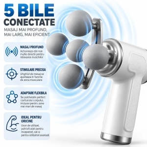 Pistol de Masaj Profesional cu 9 Capete Interschimbabile, Cap Special cu 5 Bile, 6 Trepte de Viteza, Acumulator Reincarcabil, Diferite Culori - Img 3