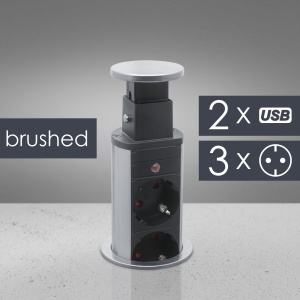Priză încastrabilă ascunsă - 3 prize + 2 USB - argintiu satinat