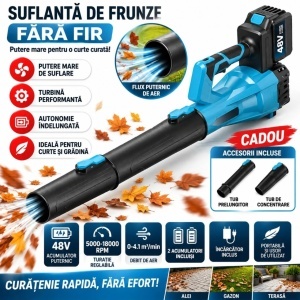 Suflanta de Frunze Fara Fir 78cm, cu 2 Acumulatori 48V si Incarcator, Portabila, 5000-18000 RPM, Debit Aer 4.1 m³/min - Img 3