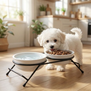 Suport înălțat pentru hrănire cu boluri din ceramică – boluri albe – 30 x 14 x 7,5 cm