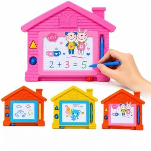 Tabla Magnetica Educativă 25×32cm, în Formă de Căsuță, cu Creion Magnetic și Ștampile, Diferite Culori
