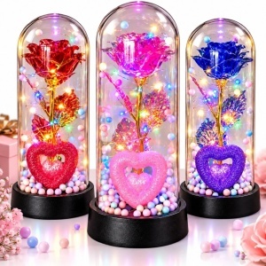 Trandafir Cristalizat 20x9.5cm cu Lumina LED Multicolor sub Cupola Transparenta, cu Inima si Bilute Decorative, Diferite Culori