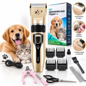 Aparat de Tuns Caini si Pisici Pet Grooming, Reincarcabil, cu 4 Capete Distantier, Foarfeca, Cleste Unghii, Pila, Pieptene si Accesorii
