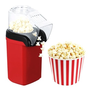 Aparat electric de popcorn roșu, cu capac transparent și gură de evacuare