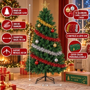 Brad artificial 1.8 m cu instalatie LED, globuri si accesorii