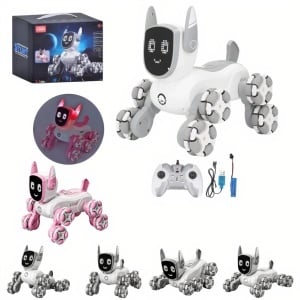 Cățel Robot Interactiv 19x15x16cm cu 8 Roti Omni-Direcționale Mișcări Acrobați , Lumină și Muzică Control prin Telecomandă Baterie Durabilă și Ecran LED Animat Diferite Culori