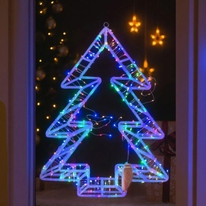 Decoratiune Crăciun 45x40cm Model Brad 3D, cu Lumină LED Multicolora, Ornament Suspendat Transparent - Img 1