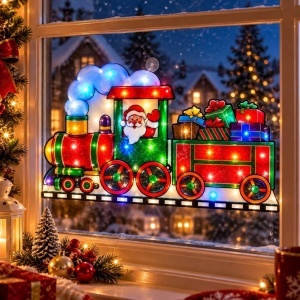 Decorațiune de Geam pentru Crăciun 45x24cm, Mos Craciun in Tren, cu Lumină LED Multicoloră, Model 3D, cu Alimentare la Priză