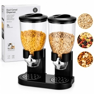 Dispenser Dublu 2L pentru Cereale, 35×19cm, cu Dozare prin Rotație și Capace