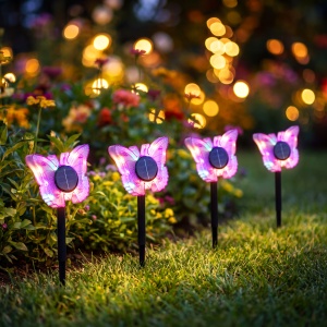 Fluture solar cu țăruș - mov - 13 x 6,5 x 35 cm - LED alb cald + colorat