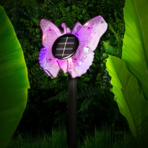 Fluture solar cu țăruș - mov - 13 x 6,5 x 35 cm - LED alb cald + colorat - Img 4