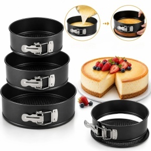 Forme Rotunde pentru Copt 3/set, 24cm, 26cm și 28cm, cu Bază Detașabilă, Închidere Rapidă și Strat Antiaderent, Negre