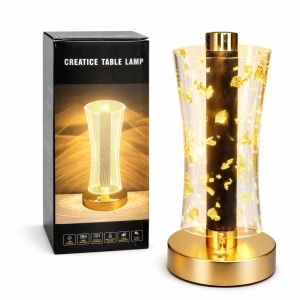 Lampă LED Decorativă 23x14cm, Model Cristal cu Fulgi Aurii, cu 3 Moduri de Lumină, Control Touch Reîncărcabilă