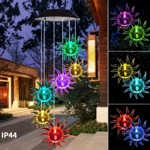 Lampă Solară LED 63cm cu Clopoțel de Vânt, Model cu 6 Soare Decorative 10cm, Iluminare Multicoloră, Panou Solar si Agățătoare Inclusă, Rezistentă la Apă - Img 3