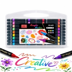Markere Acrilice 36/set pe Bază de Apă, Două VârfurI, Pensulă Soft Brush, în Cutie Transparentă cu Mâner