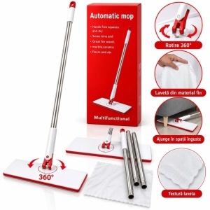Mop Plat 32x114cm, cu Laveta Microfibra si Cap Rotativ, Maner Metalic Detasabil