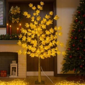 Pom Decorativ 175cm, Brad Artificial de Craciun cu Frunze Luminoase LED Alb Cald, pe Suport Plastic, pentru Interior si Exterior