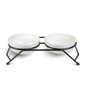 Suport înălțat pentru hrănire cu boluri din ceramică – boluri albe – 30 x 14 x 7,5 cm - Img 2