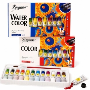 Tempera Acuarele la Tub pe Baza de Apa 12x6ml, Diferite Culori 12/set cu Pensula 15cm