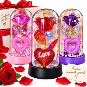 Trandafir Cristalizat 15x8cm cu Lumina LED Multicolor sub Cupola Transparenta, cu Inima si Bilute Decorative, Diferite Culori
