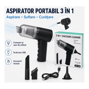 Aspirator portabil 3 în 1, aspirare, suflare și curățare, încărcare USB, cu accesorii